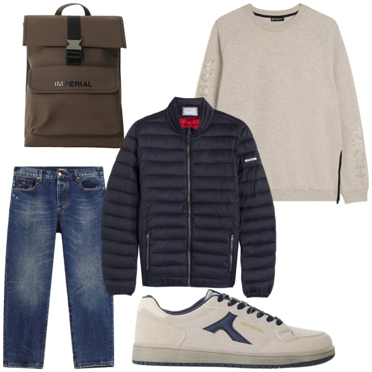 Outfit uomo - Due giorni fuori porta. Stile Trendy per Tutti i giorni. Abbinamento con borse sportive, sneakers, jeans dritti, felpe, piumini.