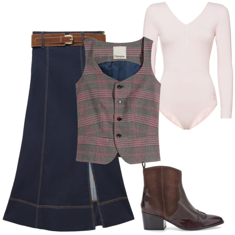 Outfit donna - Original Boho. Stile Chic per Tutti i giorni. Abbinamento con body, gonne lunghe, stivaletti texani, gilet.