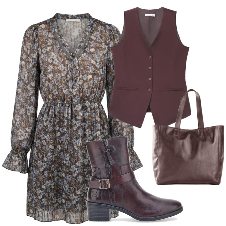 Outfit donna - Total look #2494655. Stile Boho per Tutti i giorni. Abbinamento con vestiti corti, gilet, stivaletti texani, shopping bag.