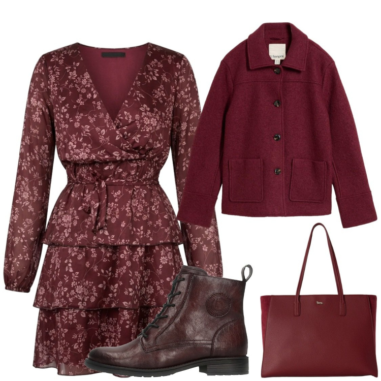 Outfit donna - Boho in autunno. Stile Boho per Serata fuori. Abbinamento con shopping bag, vestiti corti, cappotti, anfibi.