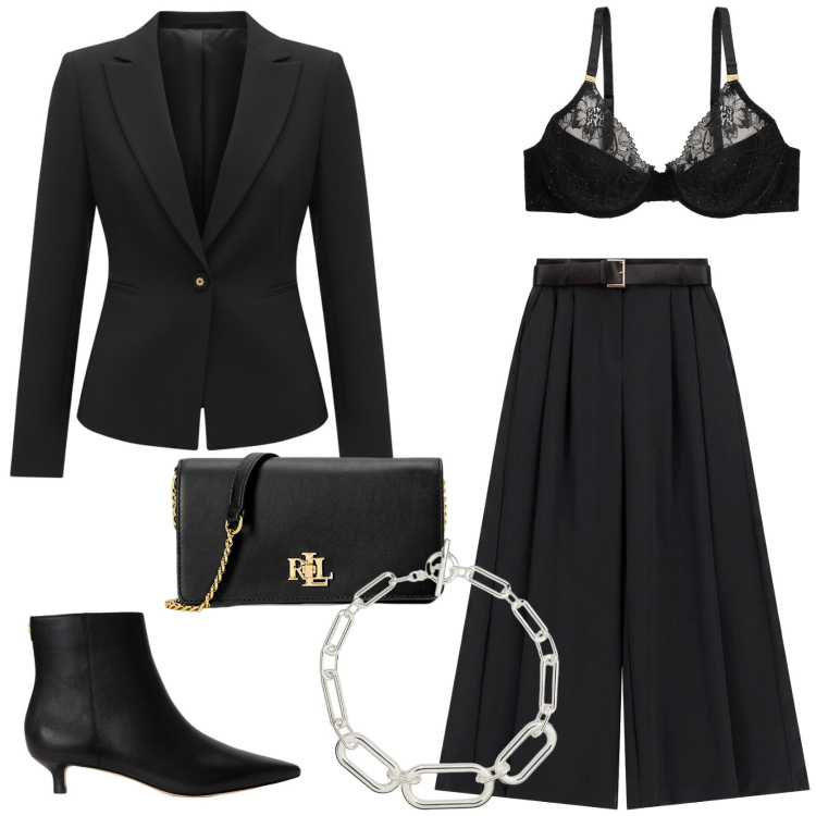 Outfit donna - Serata elegante. Stile Chic per Tutti i giorni. Abbinamento con pantaloni a palazzo, borse a tracolla, stivaletti, reggiseni, collane, blazer.