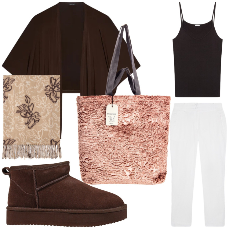 Outfit donna - Marrone. Stile Minimal per Tutti i giorni. Abbinamento con stivaletti, pantaloni, canottiere, blazer, sciarpe, borse tote.