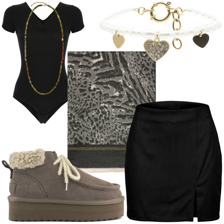 Outfit donna - Esotica. Stile Casual per Tutti i giorni. Abbinamento con minigonne, collane, sciarpe, body, braccialetti, stivali.