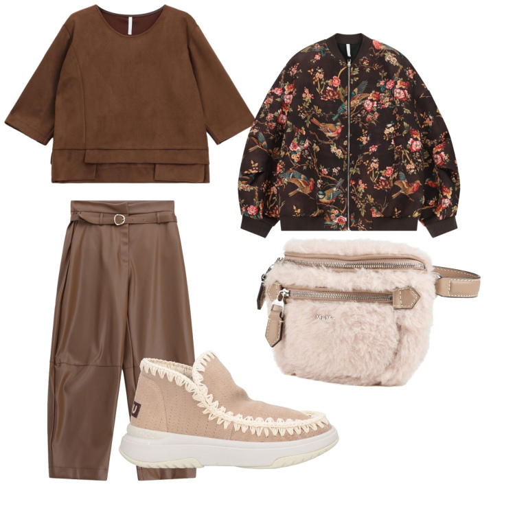 Outfit donna - Il bomber fiorato. Stile Casual per Tutti i giorni. Abbinamento con bomber, top, pantaloni, stivaletti, marsupi.
