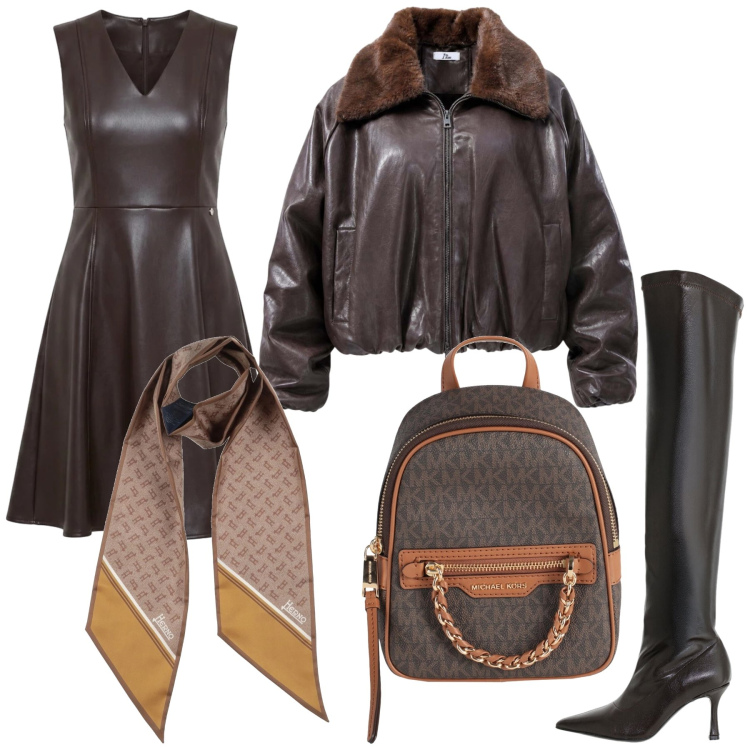 Outfit donna - Brown. Stile Casual chic per Tutti i giorni. Abbinamento con bomber, stivali sopra il ginocchio, vestiti corti, zaini, sciarpe.