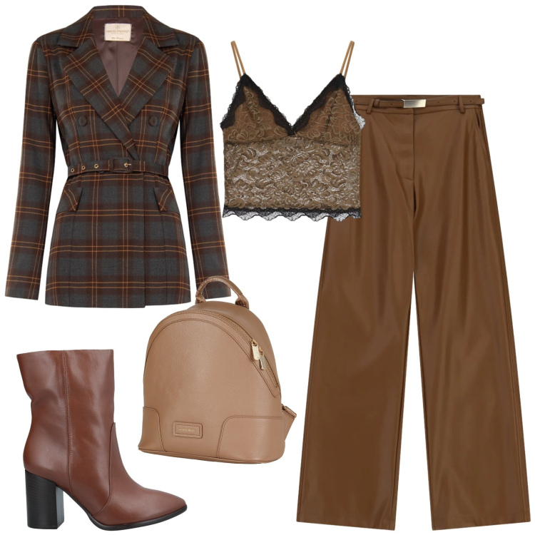 Outfit donna - Palette autunnale. Stile Casual chic per Tutti i giorni. Abbinamento con pantaloni, top, blazer, stivaletti, zaini.