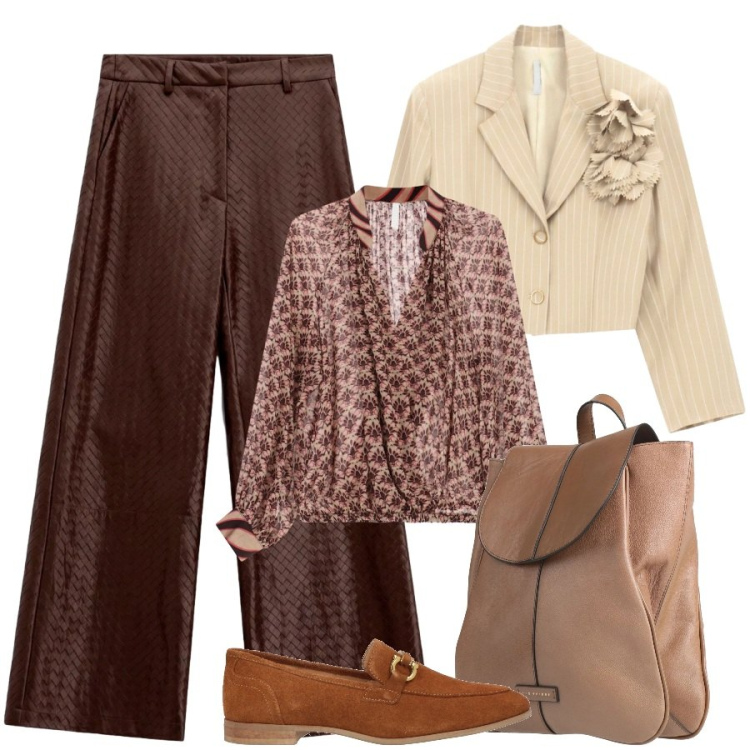 Outfit donna - Incanto d'ottobre. Stile Sporty chic per Tutti i giorni. Abbinamento con blazer, pantaloni a palazzo, bluse, zaini, mocassini.