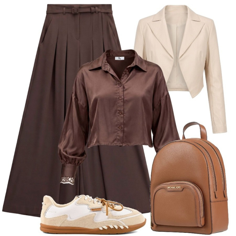 Outfit donna - Una giornata impegnativa. Stile Sporty chic per Tutti i giorni. Abbinamento con camicie, pantaloni a palazzo, blazer, zaini, sneakers.