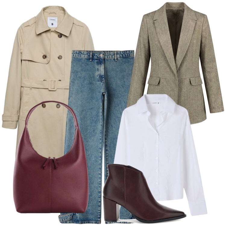Outfit donna - Gli essenziali. Stile Casual chic per Tutti i giorni. Abbinamento con blazer, jeans, camicie, trench, stivaletti, borse a mano.