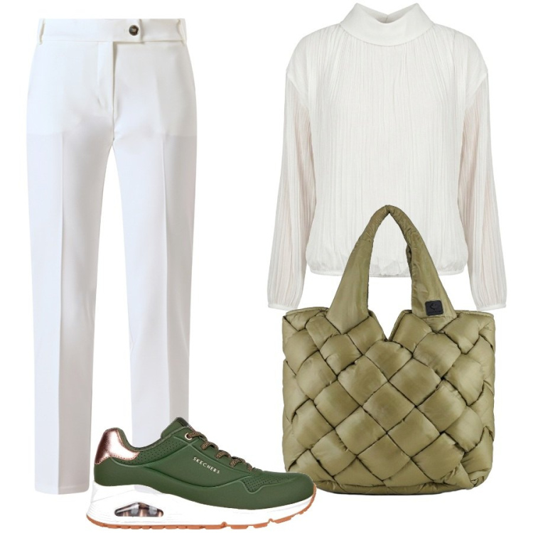 Outfit donna - Rilassante domenica. Stile Casual chic per Tutti i giorni. Abbinamento con pantaloni, bluse, borse tote, sneakers.