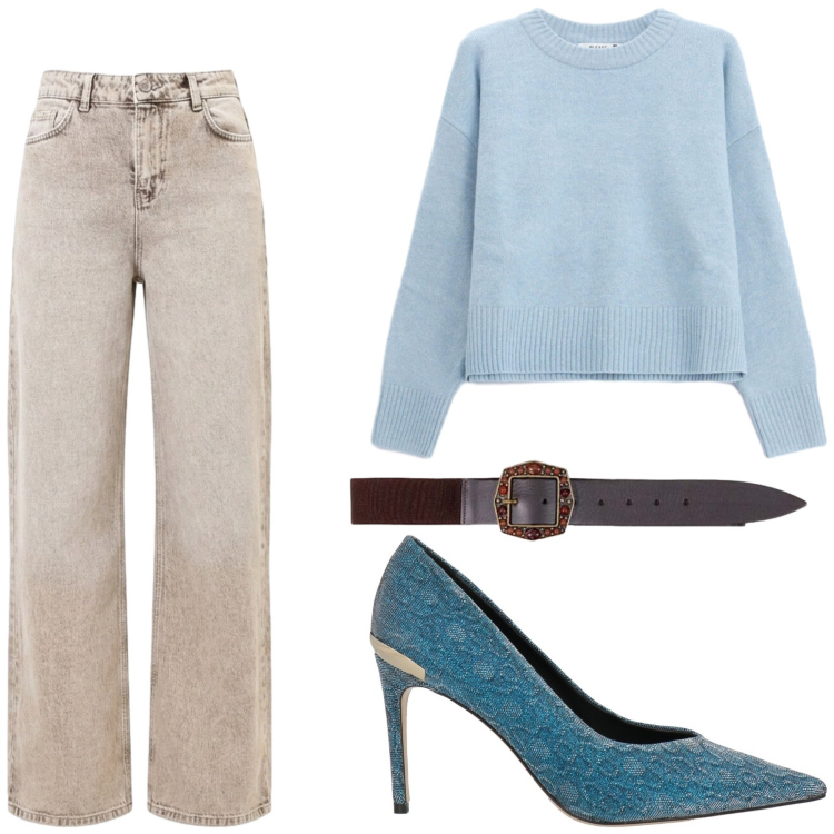 Outfit donna - Semplicemente perfetta. Stile Casual chic per Tutti i giorni. Abbinamento con cinture, maglieria, jeans dritti, décolleté.