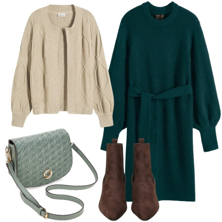 Outfit donna - Raffinata per il brunch. Stile Casual chic per Tutti i giorni. Abbinamento con stivaletti, vestiti, borse a tracolla, cardigans.