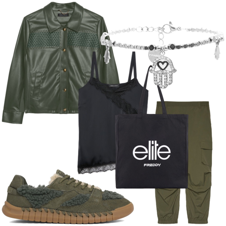 Outfit donna - Green. Stile Casual per Tutti i giorni. Abbinamento con pantaloni cargo, top, blazer, braccialetti, shopping bag, sneakers.