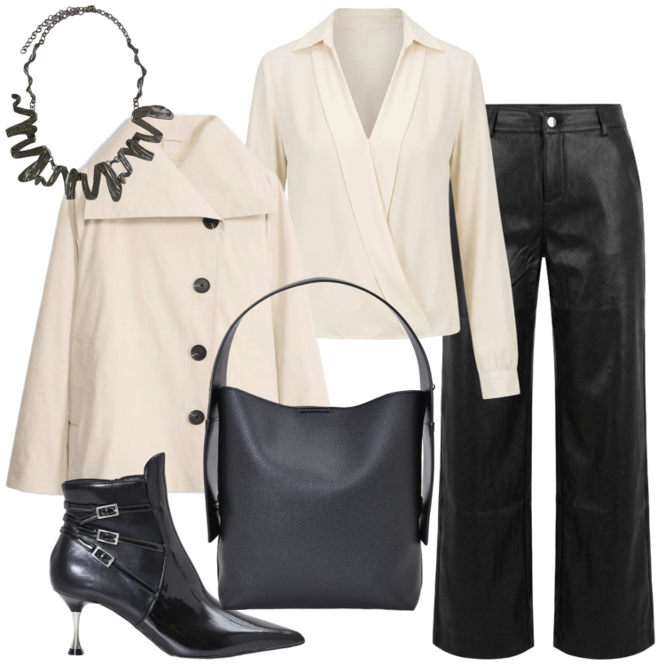Outfit donna - Basic wardrobe. Stile Minimal per Tutti i giorni. Abbinamento con ciondoli, bluse, borse a spalla, stivaletti, pantaloni, trench.
