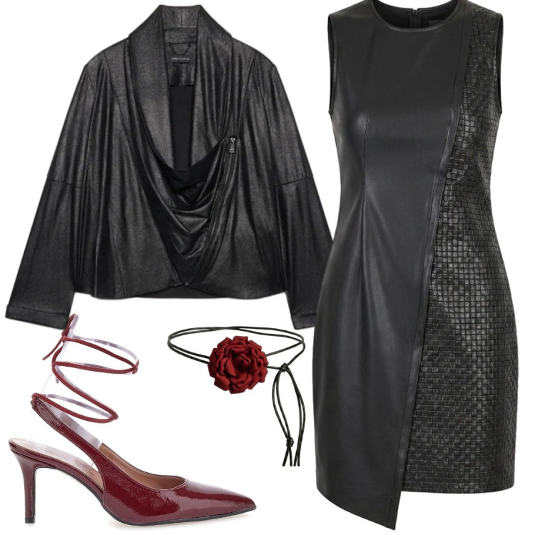 Outfit donna - Focus red. Stile Glamour per Serata fuori. Abbinamento con blazer, vestiti asimmetrici, cinture, décolleté.