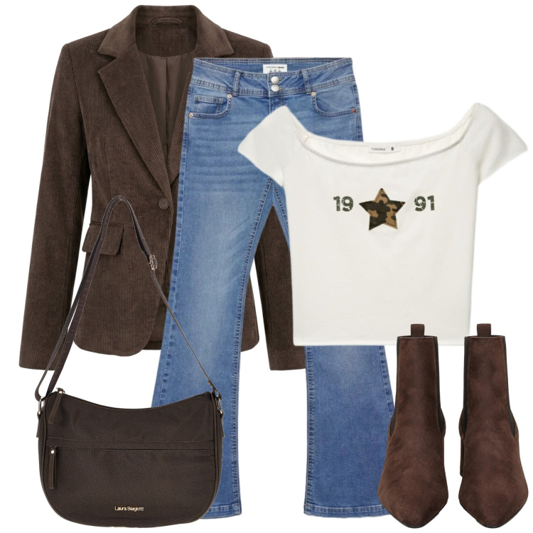 Outfit donna - Autunno in città. Stile Casual per Ufficio. Abbinamento con blazer, stivaletti, jeans a zampa, t-shirt, borse a tracolla.