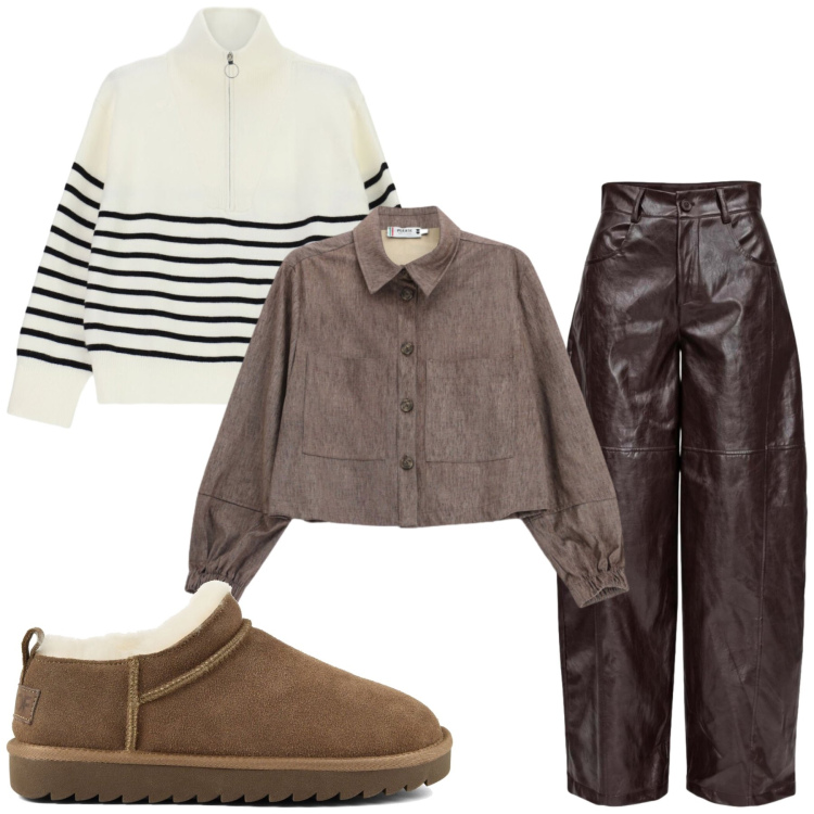Outfit donna - Casual. Stile Casual per Tutti i giorni. Abbinamento con pantaloni a palazzo, maglieria, cappotti, stivali.
