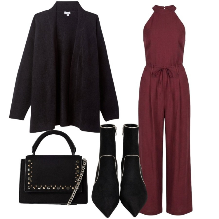 Outfit donna - Fascino divino. Stile Sporty chic per Serata fuori. Abbinamento con tute, stivaletti, borse a tracolla, cardigans.