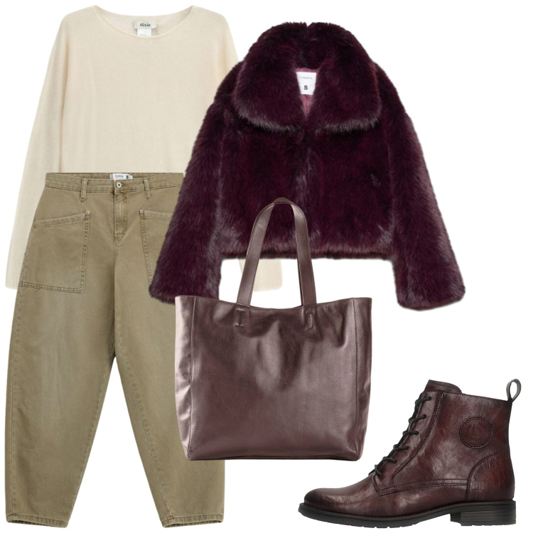 Outfit donna - Weekend fuori porta. Stile Casual chic per Tutti i giorni. Abbinamento con pantaloni, maglieria, blazer, anfibi, shopping bag.