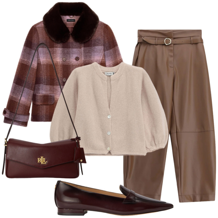 Outfit donna - Sfumature autunnali. Stile Bon Ton per Tutti i giorni. Abbinamento con pantaloni, cappotti, borse a spalla, mocassini, cardigans.