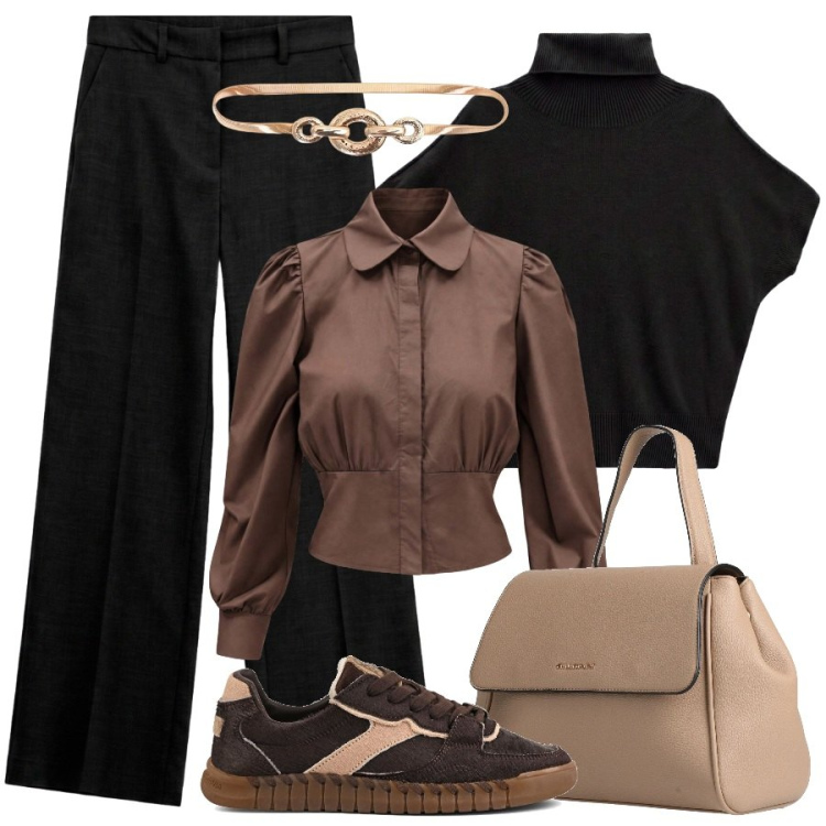 Outfit donna - Stile con le sneakers. Stile Sporty chic per Ufficio. Abbinamento con camicie, pullovers, pantaloni, cinture, zaini, sneakers.