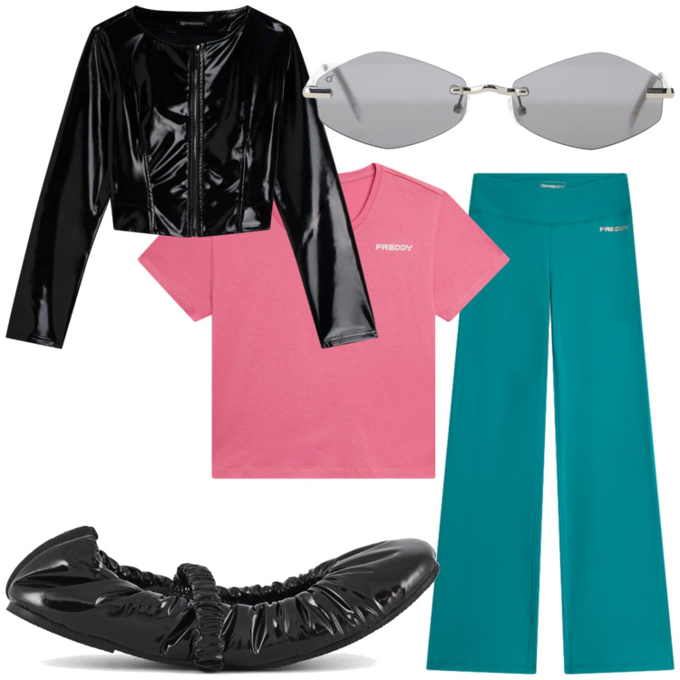 Outfit donna - Molto Casual. Stile Casual per Tutti i giorni. Abbinamento con occhiali da sole, t-shirt, giacche, pantaloni, ballerine.