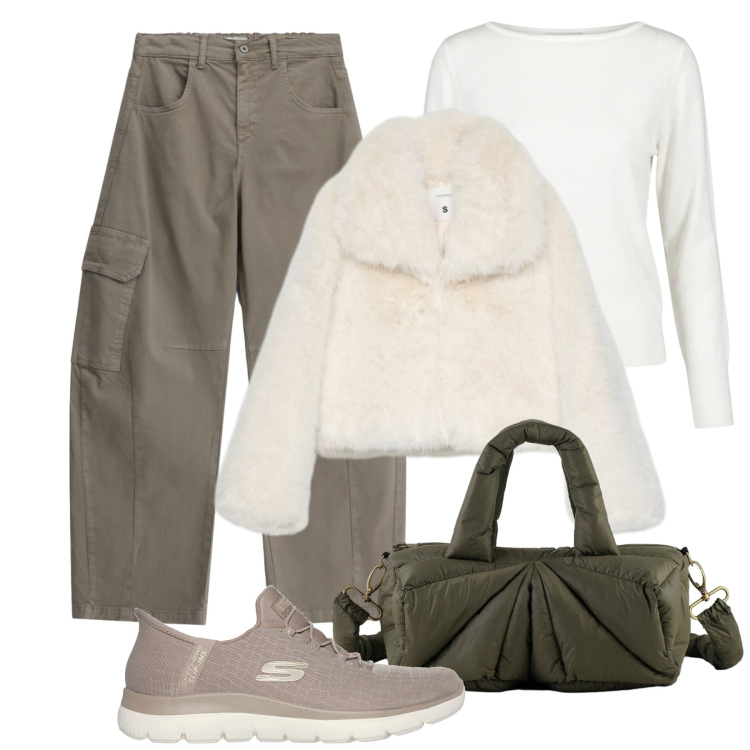 Outfit donna - Ottobre in città. Stile Sporty chic per Tutti i giorni. Abbinamento con maglieria, pantaloni cargo, borse a mano, blazer, sneakers.
