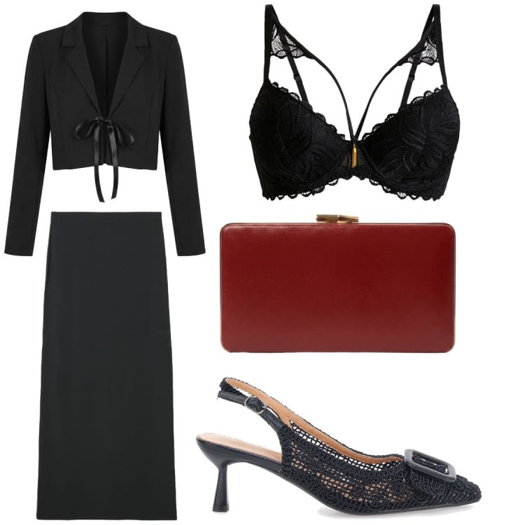 Outfit donna - Affascinante. Stile Chic per Serata fuori. Abbinamento con bolero, pochette, gonne lunghe, reggiseni, scarpe col tacco.