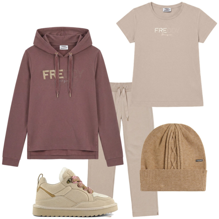 Outfit donna - Total look #2494747. Stile Casual per Sport. Abbinamento con berretti, pantaloni, felpe con cappuccio, t-shirt, sneakers alte.