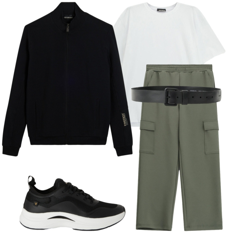 Outfit uomo - Total look #2494749. Stile Urban per Tutti i giorni. Abbinamento con cinture, t-shirt, pantaloni cargo, sneakers, felpe.