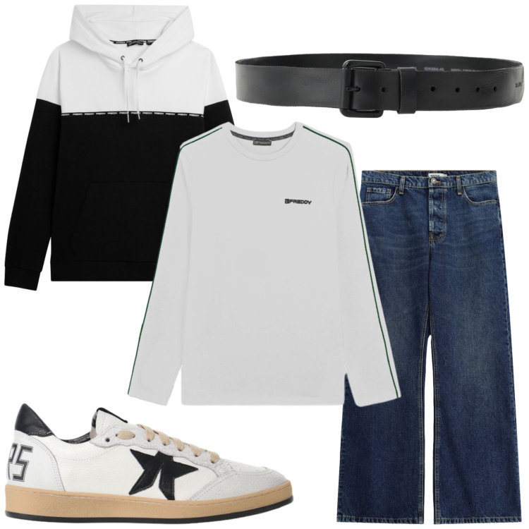 Outfit uomo - Casual. Stile Casual per Tutti i giorni. Abbinamento con sneakers, jeans, cinture, felpe con cappuccio, t-shirt.