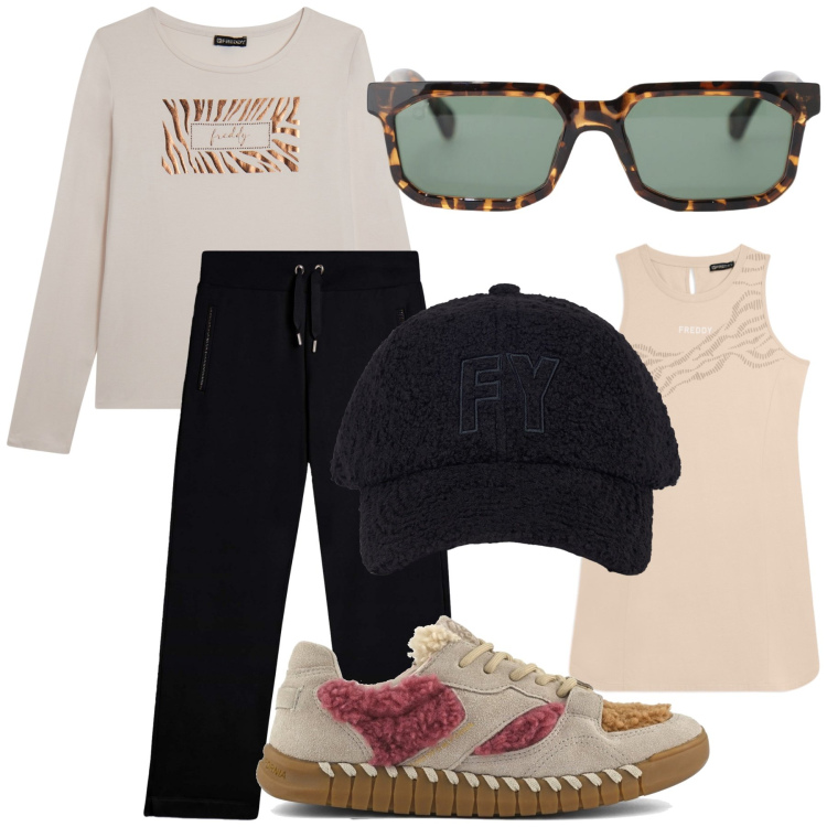 Outfit donna - Casual. Stile Casual per Tutti i giorni. Abbinamento con occhiali da sole, t-shirt, pantaloni, vestiti corti, cappelli con visiera, sneakers.
