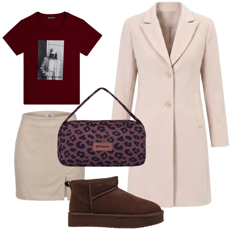 Outfit donna - Look versatile. Stile Casual per Tutti i giorni. Abbinamento con minigonne, stivaletti, borse a spalla, t-shirt, cappotti.