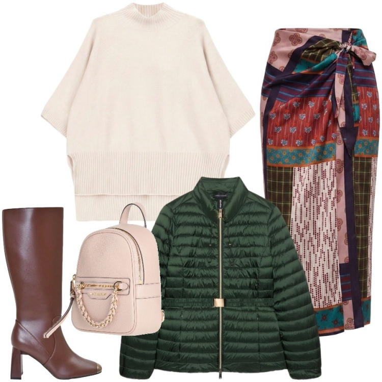 Outfit donna - Total look #2494771. Stile Trendy per Tutti i giorni. Abbinamento con gonne lunghe, maglieria, piumini, stivali sopra il ginocchio, zaini.