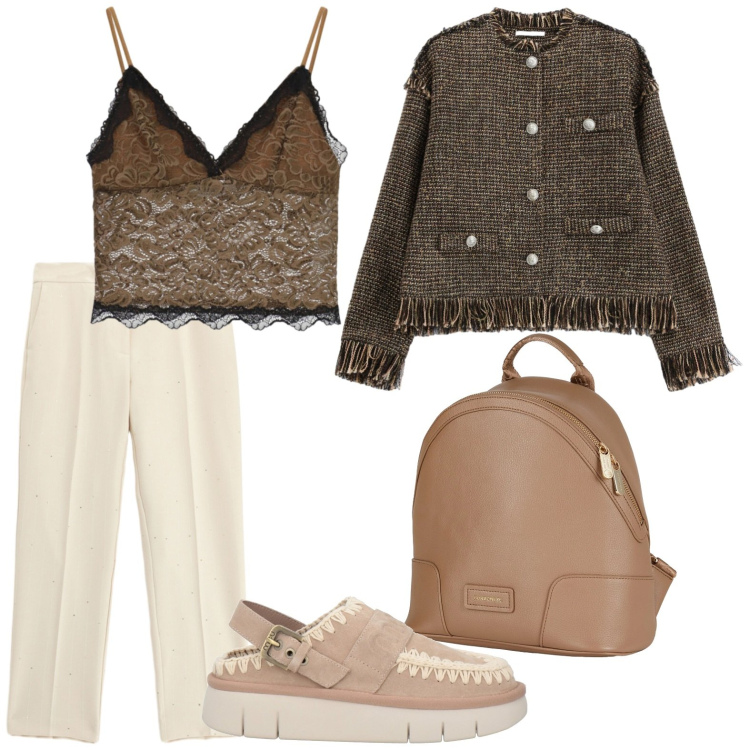 Outfit donna - Top in pizzo. Stile Casual per Scuola/Università. Abbinamento con blazer, top, pantaloni, décolleté, zaini.