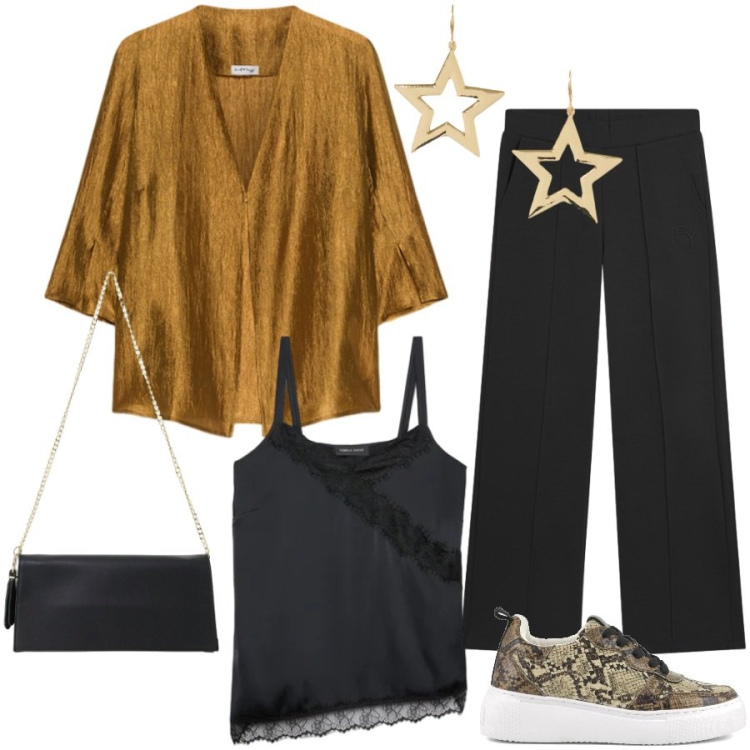 Outfit donna - Total look #2494776. Stile Casual chic per Serata fuori. Abbinamento con borse a tracolla, blazer, top, orecchini, pantaloni, sneakers.