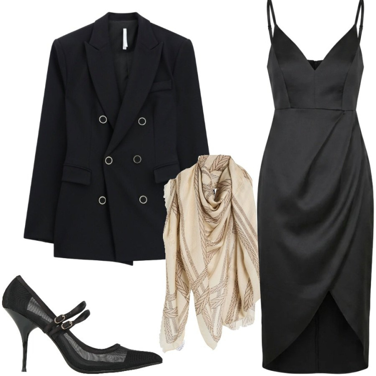 Outfit donna - Cerimonia. Stile Glamour per Cerimonia. Abbinamento con blazer, vestiti asimmetrici, sciarpe, décolleté.