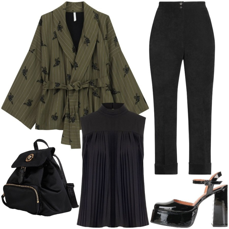 Outfit donna - Sera. Stile Chic per Serata fuori. Abbinamento con kimono, canottiere, pantaloni, zaini, décolleté.
