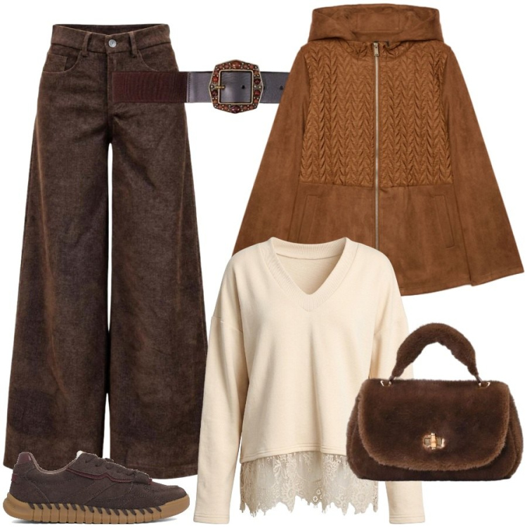 Outfit donna - Weekend. Stile Casual chic per Tutti i giorni. Abbinamento con pantaloni a palazzo, cinture, blazer, felpe, borse a mano, sneakers.