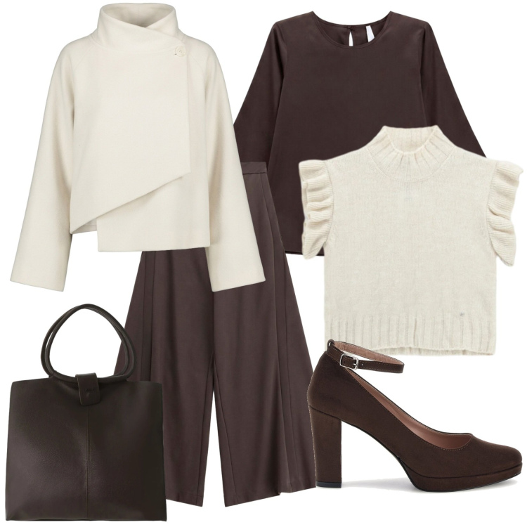 Outfit donna - Quando mi attivo. Stile Urban per Ufficio. Abbinamento con pantaloni a palazzo, bluse, maglieria, borse a spalla, cappe, décolleté.