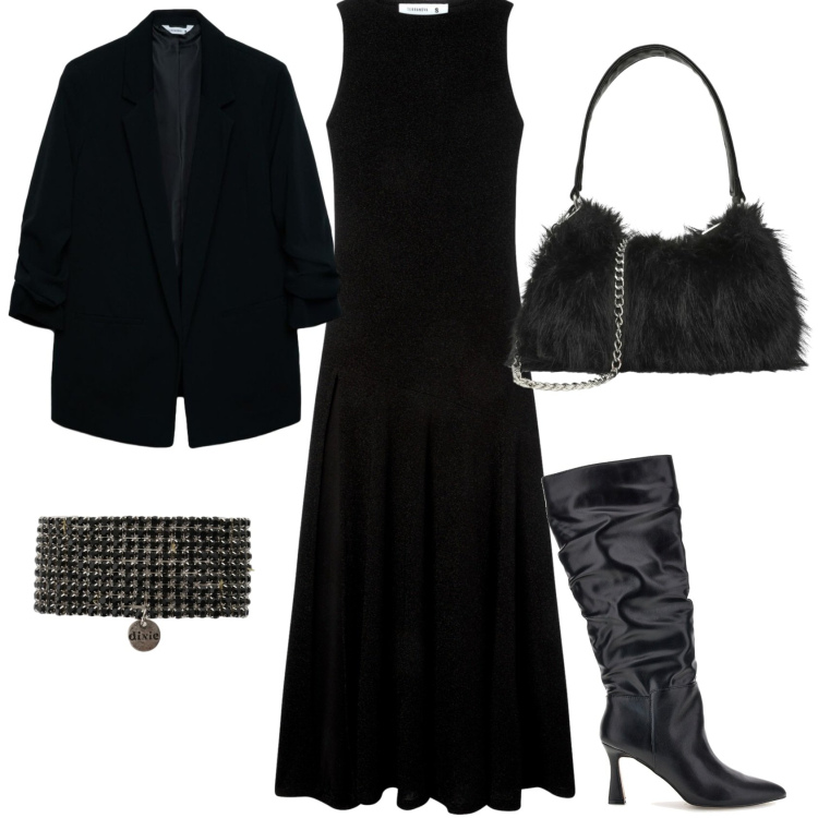 Outfit donna - Abito nero scintillante. Stile Sexy per Serata fuori. Abbinamento con braccialetti, vestiti lunghi, blazer, borse a spalla, stivali.