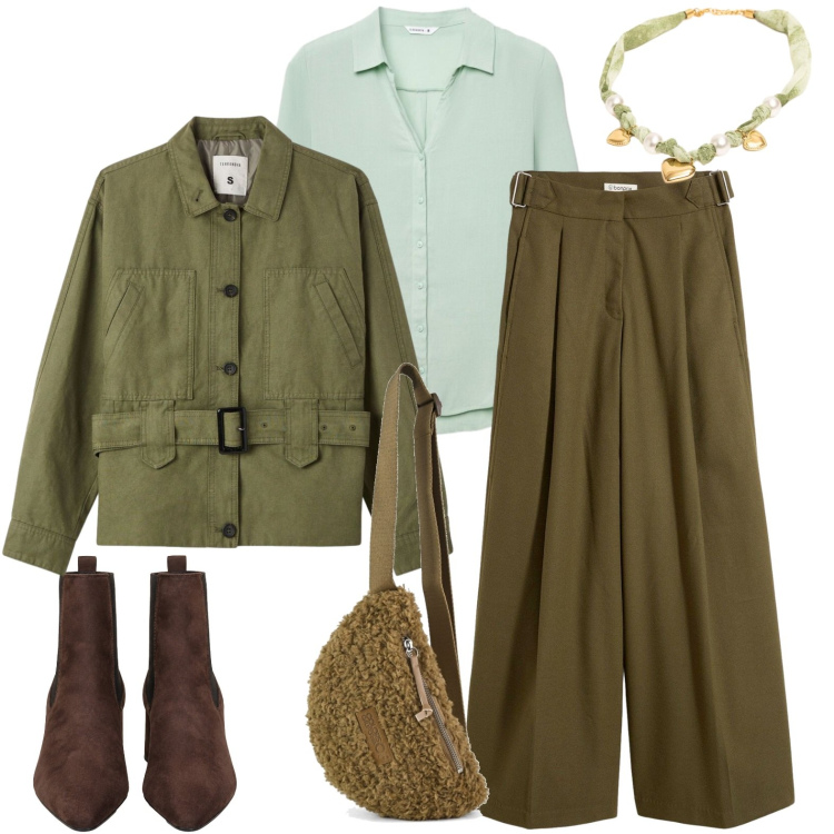 Outfit donna - Brunch alla domenica. Stile Casual chic per Tutti i giorni. Abbinamento con collane, stivaletti, camicie, cappotti, pantaloni, marsupi.