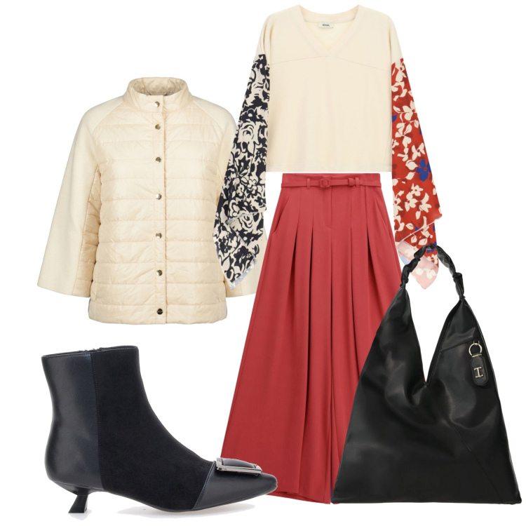 Outfit donna - Gitan. Stile Trendy per Tutti i giorni. Abbinamento con pantaloni a palazzo, borse a spalla, felpe, blazer, stivaletti.