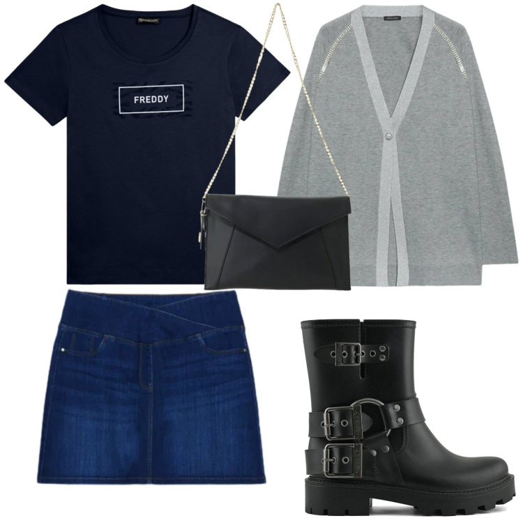 Outfit donna - Denim mini. Stile Casual per Tutti i giorni. Abbinamento con borse a tracolla, cardigans, minigonne, t-shirt, stivali.
