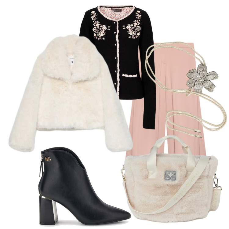 Outfit donna - Varietà. Stile Chic per Serata fuori. Abbinamento con pantaloni, borse tote, cinture, blazer, cardigans, stivaletti.