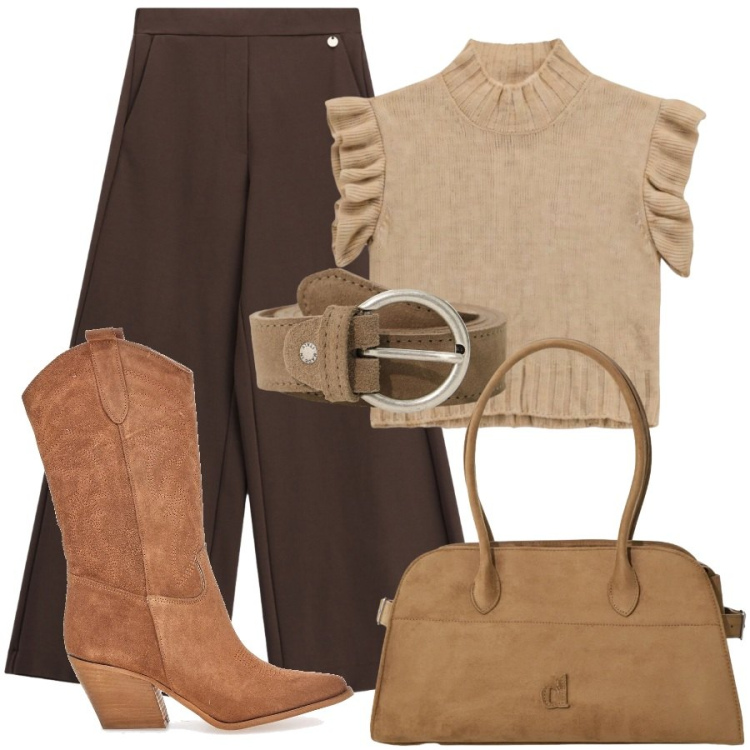 Outfit donna - Texani everyday. Stile Sporty chic per Tutti i giorni. Abbinamento con pantaloni a palazzo, maglieria, borse a spalla, cinture, stivaletti texani.