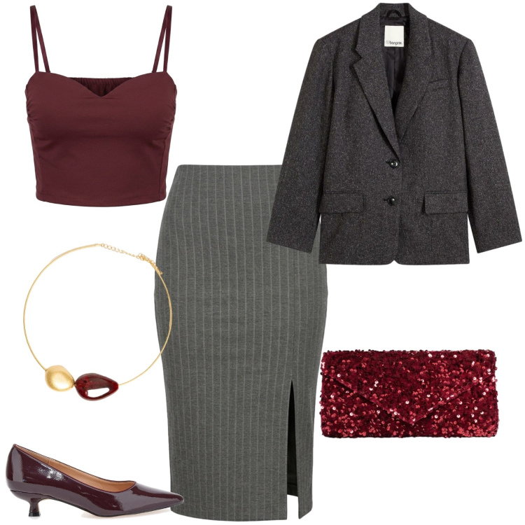 Outfit donna - Pop of Red - Focus Donna Curvy. Stile Chic per Serata fuori. Abbinamento con gonne longuette, clutch, top, collane, décolleté, blazer.