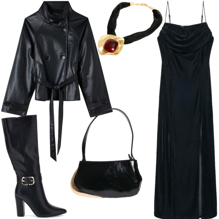 Outfit donna - Nero e oro by night. Stile Glamour per Serata fuori. Abbinamento con ciondoli, borse a spalla, vestiti lunghi, giacche, stivali.