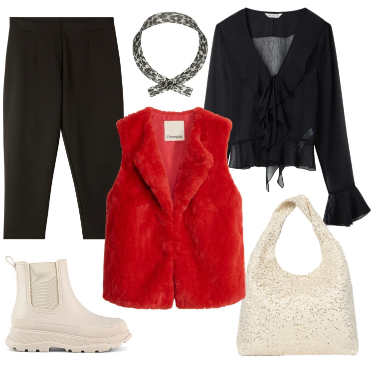 Outfit donna - Rosso a prima vista. Stile Casual chic per Serata fuori. Abbinamento con collane, borse a spalla, bluse, pantaloni chino, piumini, stivali.
