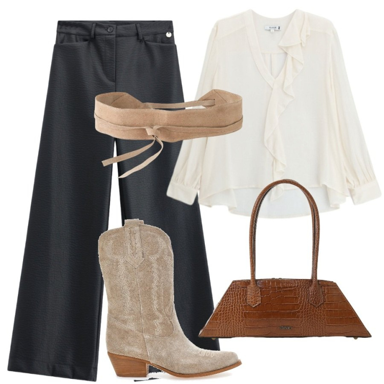 Outfit donna - Dinamica ed essenziale. Stile Casual chic per Tutti i giorni. Abbinamento con pantaloni, bluse, borse a spalla, stivaletti texani, cinture.